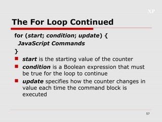 XP
57
The For Loop Continued
for (start; condition; update) {
JavaScript Commands
}
 start is the starting value of the counter
 condition is a Boolean expression that must
be true for the loop to continue
 update specifies how the counter changes in
value each time the command block is
executed
 