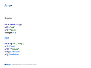 © 2015 PayPal Inc. All rights reserved. Confidential and proprietary. 17
Array
Creation
var a = new Array();
a[0] = "cat";
a[1] = "dog";
a.length; // 2
// OR
var a = ["cat", "dog"];
a[1]; //"dog"
a[10] = "mouse"
a[10]; // "mouse"
a[5]; //undefined
 