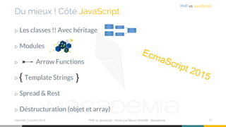 Du mieux ! Côté JavaScript
mercredi 2 octobre 2019 PHP vs JavaScript ⋅ Animé par Mazen GHARBI ⋅ Macademia 12
PHP vs JavaScript
▷ Les classes !! Avec héritage
▷ Modules
▷ Arrow Functions
▷ Template Strings
▷ Spread & Rest
▷ Déstructuration (objet et array)
 