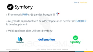 ▷ Framework PHP créé par des français !!
▷ Augmente la productivité des développeurs et permet de CADRER
le développement
▷ Voici quelques sites utilisant Symfony
mercredi 2 octobre 2019 PHP vs JavaScript ⋅ Animé par Mazen GHARBI ⋅ Macademia 15
PHP vs JavaScript
 