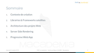 Sommaire
1. Contexte de création
2. Librairies & Frameworks satellites
3. Architecture des projets Web
4. Server Side Rendering
5. Progressive Web App
mercredi 2 octobre 2019 PHP vs JavaScript ⋅ Animé par Mazen GHARBI ⋅ Macademia 4
PHP vs JavaScript
 