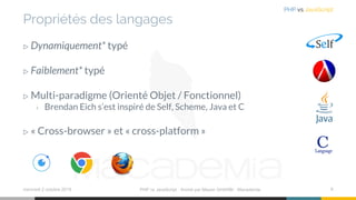 Propriétés des langages
▷ Dynamiquement* typé
▷ Faiblement* typé
▷ Multi-paradigme (Orienté Objet / Fonctionnel)
› Brendan Eich s’est inspiré de Self, Scheme, Java et C
▷ « Cross-browser » et « cross-platform »
mercredi 2 octobre 2019 PHP vs JavaScript ⋅ Animé par Mazen GHARBI ⋅ Macademia 8
PHP vs JavaScript
 