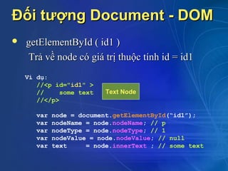 Đối tượng Document - DOM
   getElementById ( id1 )
     Trả về node có giá trị thuộc tính id = id1
    Ví dụ:
       //<p id="id1" >
       //     some text    Text Node
       //</p>

       var   node = document.getElementById(“id1”);
       var   nodeName = node.nodeName; // p
       var   nodeType = node.nodeType; // 1
       var   nodeValue = node.nodeValue; // null
       var   text     = node.innerText ; // some text
 