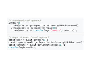 // Promise-based approach
getUser(1)
.then(user => getRepositories(user.gitHubUsername))
.then(repos => getCommits(repos[0]))
.then(commits => console.log('Commits', commits));
// Async & Await based approach
const user = await getUser(1);
const repos = await getRepositories(user.gitHubUsername);
const commits = await getCommits(repos[0]);
console.log(commits);
 