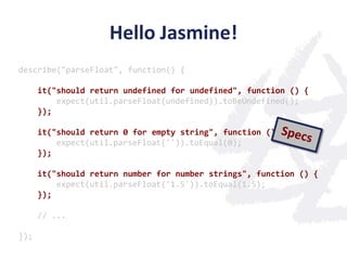 Hello Jasmine!
describe("parseFloat", function() {

      it("should return undefined for undefined", function () {
          expect(util.parseFloat(undefined)).toBeUndefined();
      });

      it("should return 0 for empty string", function () {
          expect(util.parseFloat('')).toEqual(0);
      });

      it("should return number for number strings", function () {
          expect(util.parseFloat('1.5')).toEqual(1.5);
      });

      // ...

});
 