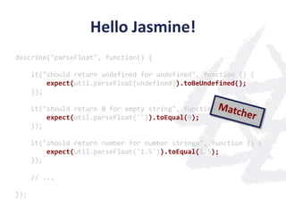 Hello Jasmine!
describe("parseFloat", function() {

      it("should return undefined for undefined", function () {
          expect(util.parseFloat(undefined)).toBeUndefined();
      });

      it("should return 0 for empty string", function () {
          expect(util.parseFloat('')).toEqual(0);
      });

      it("should return number for number strings", function () {
          expect(util.parseFloat('1.5')).toEqual(1.5);
      });

      // ...

});
 