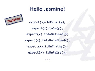 Hello Jasmine!

  expect(x).toEqual(y);
    expect(x).toBe(y);
 expect(x).toBeDefined();
expect(x).toBeUndefined();
 expect(x).toBeTruthy();
  expect(x).toBeFalsy();
           ...
 