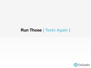 Implement { Our Unit Tests } 
describe('#saveUser()', function() { 
var user; 
beforeEach(function() { 
user = getUser(); 
userService.saveUser(user); 
}); 
it('should call http service with method POST, path /user, and the user object', function() { 
expect(httpMock).to.have.been.calledWith({ 
url: 'http://google.com/api/user', 
method: 'POST', 
data: user 
}); 
}); 
it('should compose the full name in to the user object', function() { 
expect(user.fullName).to.equal('Ran Mizrahi'); 
}); 
it('should only return the payload from the response object', function() { 
var returnPayload = thenFunc.args[0][0]; 
expect(returnPayload({ payload: 'Hello!!!' })).to.equal('Hello!!!'); 
}); 
}); 
}); 
 
