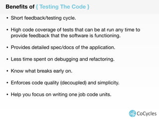 Running The { Tests } 
mocha tests can run in different environments and formats: 
• Browser - using mocha.js (see example) 
• For CI automation use JSTestDriver. 
• CLI - as demonstrated before using the “mocha” command. 
• CI (e.g. xunit) - $ mocha test/asyncTest.js --reporter xunit. 
• Many other formats (JSON, HTML, list, Spec, etc.) 
 
