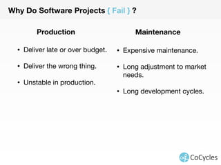 Why Do Software Projects { Fail } ? 
Production Maintenance 
• Deliver late or over budget. 
• Deliver the wrong thing. 
• Unstable in production. 
• Expensive maintenance. 
• Long adjustment to market 
needs. 
• Long development cycles. 
 