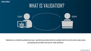 Validationisamethodtoauthenticate user.JavaScriptprovidesfacilitytovalidatetheformontheclient-sidesodata
processingwillbefasterthanserver-sidevalidation.
www.edureka.co
WHAT IS VALIDATION?
CLIENT SERVER
 