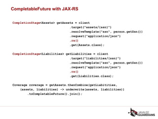 CompletableFuture with JAX-RS
CompletionStage<Assets> getAssets = client
.target("assets/{ssn}")
.resolveTemplate("ssn", person.getSsn())
.request("application/json")
.rx()
.get(Assets.class);
CompletionStage<Liabilities> getLiabilities = client
.target("liabilities/{ssn}")
.resolveTemplate("ssn", person.getSsn())
.request("application/json")
.rx()
.get(Liabilities.class);
Coverage coverage = getAssets.thenCombine(getLiabitities,
(assets, liabilities) -> underwrite(assets, liabilities))
.toCompletableFuture().join();
 