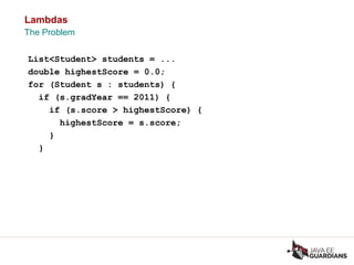 Lambdas
The Problem
List<Student> students = ...
double highestScore = 0.0;
for (Student s : students) {
if (s.gradYear == 2011) {
if (s.score > highestScore) {
highestScore = s.score;
}
}
 