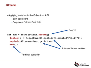 Streams
• Applying lambdas to the Collections API
• Bulk operations
• Sequence (“stream”) of data
int sum = transactions.stream().
filter(t -> t.getBuyer().getCity().equals(“Philly”)).
mapToInt(Transaction::getPrice).
sum();
Source
Intermediate operation
Terminal operation
 