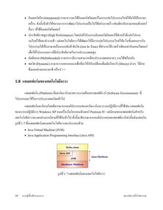 •   อนเตอร#พร;ต (Interpreted) ภาษาจาวาจะใชUอนเตอร#พร;ตเตอร#ในการแปลโปรแกรมไบท#โคUดใหUเปyนภาษา
            เครอง ด)งน)นจxงทZาใหUขบวนการการพ)ฒนาโปรแกรมเปyนไปไดUอยLางรวดเร5ว เชLนเด;ยวก)บภาษาคอมพวเตอร#
                        Y
            อนๆ ท;ใชUอนเตอร#พร;ตเตอร#
        •   ประสทธภาพสVง (High Performance) โดยปกตโปรแกรมอนเตอร#พร;ตเตอร#ท;ทZาหนUาท;แปลโปรแก
            รมไบท#โคUดจะทZางานชUา แตLเทคโนโลย;จาวาไดUพ)ฒนาใหUม;การแปลโปรแกรมไบท#โคUด ในข)นตอนการร)น
                                                                                              Y
            โปรแกรมใหUเปyนภาษาเครองแบบท)นท; ท)นใด (Just In Time) ท;ทZางานไดUรวดเร5วเท;ยบเทLาก)บคอมไพเลอร#
            เพอไดUโปรแกรมจาวาท;ม;ประสทธภาพในการประมวลผลสVง
        •   ม)ลตเธรด (Multithreaded) ภาษาจาวาม;ความสามารถท;จะประมวลผลหลายๆ งานไดUพรUอมก)น
        •   พลว)ต (Dynamic) ภาษาจาวาออกแบบมาเพอท;จะใหUปร)บเปล;ยนเพมเตมไลบาร; (library) ตLางๆ ไดUงLาย
            ซxงแตกตLางจากภาษาซ; หรอ C++

1.8   แพลตฟอร.มของเทคโนโลยจาวา

      แพลตฟอร#ม (Platform) คอฮาร#ดแวร#และสภาวะแวดลUอมทางซอฟต#แวร# (Software Environment) ท;
โปรแกรมจะใชUในการประมวลผลโดยท)วไป
                               
          แพลตฟอร#มจะนยามโดยพจารณาจากองค#ประกอบของฮาร#ดแวร#และระบบปฏบ)ตการท;ใชUเชLน แพลตฟอร#ม
ของระบบปฏบ)ตการ Windows XP บนเครองไมโครคอมพวเตอร# Pentium IV แตLนยามของแพลตฟอร#มสZาหร)บ
เทคโนโลย;จาวาจะแตกตLางจากนยามท;ใชUกนท)วไป ท)Yงน;จะพจารณาจากองค#ประกอบของซอฟต#แวร#เทLาน)นด)งแสดงใน
                                      )           Y                                      Y
รVปท; 1.7 ซxงแพลตฟอร#มของเทคโนโลย;จาวาจะประกอบดUวย
        • Java Virtual Machine (JVM)
        • Java Application Programming Interface (Java API)




                                   รปท 1.7 แพลตฟอรมของเทคโนโลยจาวา




16    ความรVUเบYองตUนภาษาจาวา                                                           ผศ. ธนศา เครอไวศยวรรณ
 
