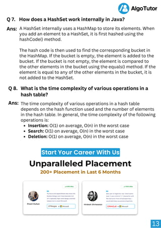 13
Q 7. How does a HashSet work internally in Java?
A HashSet internally uses a HashMap to store its elements. When
you add an element to a HashSet, it is first hashed using the
hashCode() method.
The hash code is then used to find the corresponding bucket in
the HashMap. If the bucket is empty, the element is added to the
bucket. If the bucket is not empty, the element is compared to
the other elements in the bucket using the equals() method. If the
element is equal to any of the other elements in the bucket, it is
not added to the HashSet.
Ans:
Q 8. What is the time complexity of various operations in a
hash table?
Insertion: O(1) on average, O(n) in the worst case
Search: O(1) on average, O(n) in the worst case
Deletion: O(1) on average, O(n) in the worst case
The time complexity of various operations in a hash table
depends on the hash function used and the number of elements
in the hash table. In general, the time complexity of the following
operations is:
Ans:
 