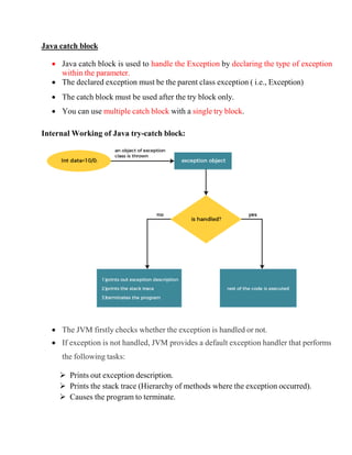 Java catch block
 Java catch block is used to handle the Exception by declaring the type of exception
within the parameter.
 The declared exception must be the parent class exception ( i.e., Exception)
 The catch block must be used after the try block only.
 You can use multiple catch block with a single try block.
Internal Working of Java try-catch block:
 The JVM firstly checks whether the exception is handled or not.
 If exception is not handled, JVM provides a default exception handler that performs
the following tasks:
 Prints out exception description.
 Prints the stack trace (Hierarchy of methods where the exception occurred).
 Causes the program to terminate.
 