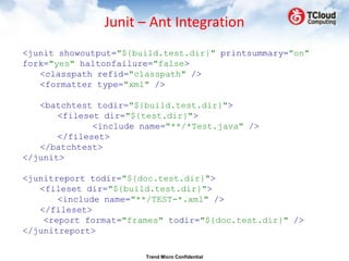 Junit – Ant Integration
<junit showoutput="${build.test.dir}" printsummary="on"
fork="yes" haltonfailure="false>
   <classpath refid="classpath" />
   <formatter type="xml" />

   <batchtest todir="${build.test.dir}">
       <fileset dir="${test.dir}">
              <include name="**/*Test.java" />
       </fileset>
   </batchtest>
</junit>

<junitreport todir="${doc.test.dir}">
   <fileset dir="${build.test.dir}">
       <include name="**/TEST-*.xml" />
   </fileset>
    <report format="frames" todir="${doc.test.dir}" />
</junitreport>

                        Trend Micro Confidential
 