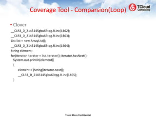Coverage Tool - Comparsion(Loop)

• Clover
__CLR3_0_2145145gbu63tpg.R.inc(1462);
__CLR3_0_2145145gbu63tpg.R.inc(1463);
List list = new ArrayList();
__CLR3_0_2145145gbu63tpg.R.inc(1464);
String element;
for(Iterator iterator = list.iterator(); iterator.hasNext();
  System.out.println(element))
  {
       element = (String)iterator.next();
       __CLR3_0_2145145gbu63tpg.R.inc(1465);
  }




                                          Trend Micro Confidential
 