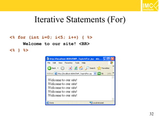 Iterative Statements (For)
<% for (int i=0; i<5; i++) { %>
     Welcome to our site! <BR>
<% } %>




                                      32
 