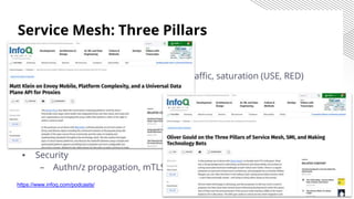 Service Mesh: Three Pillars
▪ Observability
– “Golden signals”: latency, errors, traffic, saturation (USE, RED)
– Both global and service-to-service
▪ Reliability
– Abstracting health checks, retries, circuit breakers etc.
– Providing sane default to protect system
▪ Security
– Authn/z propagation, mTLS, ACLs, network segmentation
https://www.infoq.com/podcasts/
 