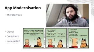 App Modernisation
▪ Microservices!
▪ Cloud!
▪ Containers!
▪ Kubernetes!
 