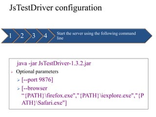 JsTestDriver configuration

                      Start the server using the following command
1       2   3   4     line




    java -jar JsTestDriver-1.3.2.jar
   Optional parameters
     [--port 9876]
     [--browser
      “{PATH}firefox.exe","{PATH}iexplore.exe","{P
      ATH}Safari.exe"]
 