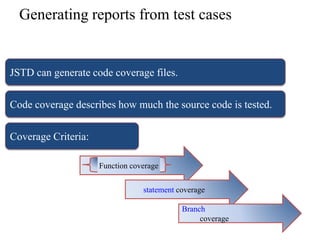 Generating reports from test cases


JSTD can generate code coverage files.

Code coverage describes how much the source code is tested.


Coverage Criteria:

                     Function coverage

                                 statement coverage

                                            Branch
                                                 coverage
 