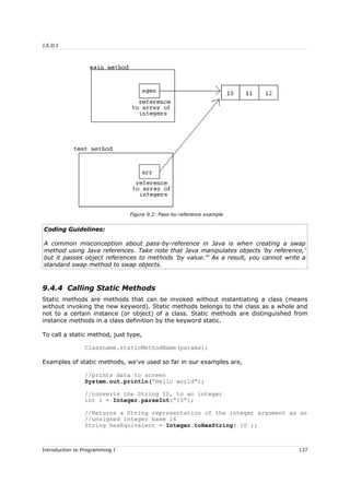 J.E.D.I
Coding Guidelines:
A common misconception about pass-by-reference in Java is when creating a swap
method using Java references. Take note that Java manipulates objects 'by reference,'
but it passes object references to methods 'by value.'" As a result, you cannot write a
standard swap method to swap objects.
9.4.4 Calling Static Methods
Static methods are methods that can be invoked without instantiating a class (means
without invoking the new keyword). Static methods belongs to the class as a whole and
not to a certain instance (or object) of a class. Static methods are distinguished from
instance methods in a class definition by the keyword static.
To call a static method, just type,
Classname.staticMethodName(params);
Examples of static methods, we've used so far in our examples are,
//prints data to screen
System.out.println(“Hello world”);
//converts the String 10, to an integer
int i = Integer.parseInt(“10”);
//Returns a String representation of the integer argument as an
//unsigned integer base 16
String hexEquivalent = Integer.toHexString( 10 );
Introduction to Programming I 137
Figure 9.2: Pass-by-reference example
 