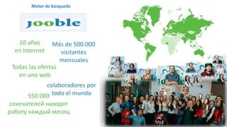 Motor de búsqueda
10 años
en Internet
Más de 500.000
visitantes
mensuales
Todas las ofertas
en una web
colaboradores por
todo el mundo550 000
соискателей находят
работу каждый месяц
 