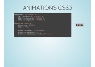 ANIMATIONS CSS3
Hello
@keyframes 'my-animation' {
0% { background: #C9C9C9; }
50% { background: #61BE50; }
100% { background: #C9C9C9; }
}
button.bar:hover {
background: #959595;
color: #FFF;
animation-name: 'my-animation';
animation-duration: 2s;
animation-iteration-count: infinite;
}
 