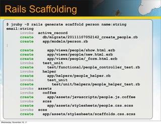 Rails Scaffolding
     $ jruby -S rails generate scaffold person name:string
     email:string
           invoke active_record
           create    db/migrate/20111107052142_create_people.rb
           create    app/models/person.rb
     ⋮
           create      app/views/people/show.html.erb
           create      app/views/people/new.html.erb
           create      app/views/people/_form.html.erb
           invoke    test_unit
           create      test/functional/people_controller_test.rb
           invoke    helper
           create      app/helpers/people_helper.rb
           invoke      test_unit
           create         test/unit/helpers/people_helper_test.rb
           invoke assets
           invoke    coffee
           create      app/assets/javascripts/people.js.coffee
           invoke    scss
           create      app/assets/stylesheets/people.css.scss
           invoke scss
           create    app/assets/stylesheets/scaffolds.css.scss

Wednesday, November 16, 11
 