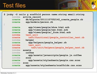 Test files
     $ jruby -S rails g scaffold person name:string email:string
           invoke active_record
           create    db/migrate/20111107052142_create_people.rb
           create    app/models/person.rb
     ⋮
           create      app/views/people/show.html.erb
           create      app/views/people/new.html.erb
           create      app/views/people/_form.html.erb
           invoke    test_unit
           create      test/functional/people_controller_test.rb
           invoke    helper
           create      app/helpers/people_helper.rb
           invoke      test_unit
           create         test/unit/helpers/people_helper_test.rb
           invoke assets
           invoke    coffee
           create      app/assets/javascripts/people.js.coffee
           invoke    scss
           create      app/assets/stylesheets/people.css.scss
           invoke scss
           create    app/assets/stylesheets/scaffolds.css.scss


Wednesday, November 16, 11
 
