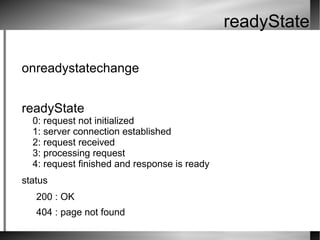 readyState onreadystatechange readyState 0: request not initialized 1: server connection established 2: request received 3: processing request 4: request finished and response is ready status 200 : OK 404 : page not found 