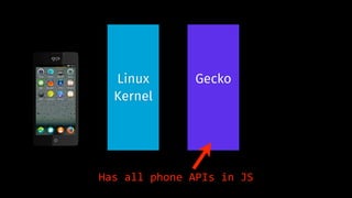 Linux
Kernel
Gecko
Has	
  all	
  phone	
  APIs	
  in	
  JS
 