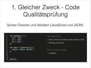 1. Gleicher Zweck - Code
Qualitätsprüfung
Syntax Checker und Validator (JavaScript und JSON)
 