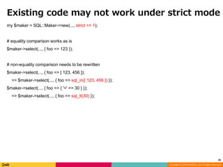 Existing code may not work under strict mode 
Copyright (C) 2014 DeNA Co.,Ltd. All Rights Reserved. 
my $maker = SQL::Maker->new(..., strict => 1); 
# equality comparison works as is 
$maker->select(..., { foo => 123 }); 
# non-equality comparison needs to be rewritten 
$maker->select(..., { foo => [ 123, 456 ]); 
=> $maker->select(..., { foo => sql_in([ 123, 456 ]) }); 
$maker->select(..., { foo => { '<' => 30 } }); 
=> $maker->select(..., { foo => sql_lt(30) }); 
28 
 