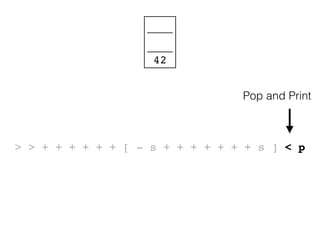 > > + + + + + + [ - s + + + + + + + s ] < p
42
Pop and Print
 