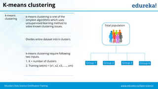 www.edureka.co/data-scienceEdureka’s Data Science Certification Training
K-means clustering
k-means
clustering
k-means clustering is one of the
simplest algorithms which uses
unsupervised learning method to
solve known clustering issues.
Divides entire dataset into k clusters.
k-means clustering require following
two inputs.
1. K = number of clusters
2. Training set(m) = {x1, x2, x3,......, xm}
Total population
Group 2 Group 3Group 1 Group 4
 
