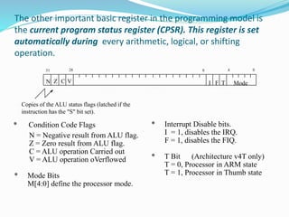 The other important basic register in the programming model is
the current program status register (CPSR). This register is set
automatically during every arithmetic, logical, or shifting
operation.
Copies of the ALU status flags (latched if the
instruction has the "S" bit set).
N = Negative result from ALU flag.
Z = Zero result from ALU flag.
C = ALU operation Carried out
V = ALU operation oVerflowed
* Interrupt Disable bits.
I = 1, disables the IRQ.
F = 1, disables the FIQ.
* T Bit (Architecture v4T only)
T = 0, Processor in ARM state
T = 1, Processor in Thumb state
* Condition Code Flags
ModeN Z C V
2831 8 4 0
I F T
* Mode Bits
M[4:0] define the processor mode.
 