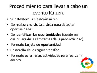Procedimiento para llevar a cabo un
evento Kaizen.
• Se establece la situación actual
• Se realiza una visita al área para detectar
oportunidades
• Se identifican las oportunidades (puede ser
cualquiera de las limitantes de la productividad)
• Formato tarjeta de oportunidad
• Desarrollo de los siguientes días
• Formato para llenar, actividades para realizar el
evento.
 