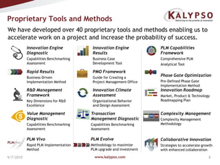 www.kalypso.com6/1/2010Proprietary Tools and Methods We have developed over 40 proprietary tools and methods enabling us to accelerate work on a project and increase the probability of success. Innovation Engine DiagnosticCapabilities Benchmarking AssessmentInnovation Engine ResultsBusiness Case       Development ToolPLM Capabilities FrameworkComprehensive PLMAnalytical Tool Rapid ResultsBusiness-Driven Implementation MethodPMO FrameworkGuide for Creating a Project Management OfficePhase Gate OptimizationPre-Defined Phase Gate Implementation MethodR&D Management FrameworkKey Dimensions for R&D ExcellenceInnovation Climate AssessmentOrganizational Behavior and Design AssessmentInnovation RoadmapMarket, Product & Technology Roadmapping PlanValue Management DiagnosticCapabilities Benchmarking AssessmentTransaction Management DiagnosticCapabilities Benchmarking AssessmentComplexity ManagementComplexity Management MethodologyPLM EvolveMethodology to maximize PLM upgrade and investmentPLM VivoRapid PLM Implementation MethodCollaborative InnovationStrategies to accelerate growth with enhanced collaboration