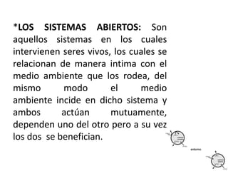 *LOS SISTEMAS ABIERTOS: Son
aquellos sistemas en los cuales
intervienen seres vivos, los cuales se
relacionan de manera intima con el
medio ambiente que los rodea, del
mismo modo el medio
ambiente incide en dicho sistema y
ambos actúan mutuamente,
dependen uno del otro pero a su vez
los dos se benefician.
 