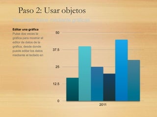 Paso 2: Usar objetos
Visualizar datos mediante gráficas.
Editar una gráfica
Pulse dos veces la
gráfica para mostrar el
editor de datos de la
gráfica, desde donde
puede editar los datos
mediante el teclado en
0
12.5
25
37.5
50
2011
 