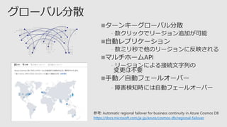 
﹣

﹣

﹣

﹣
参考: Automatic regional failover for business continuity in Azure Cosmos DB
https://docs.microsoft.com/ja-jp/azure/cosmos-db/regional-failover
 