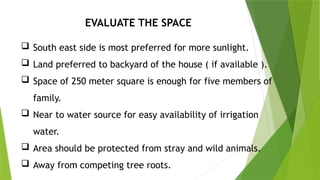 EVALUATE THE SPACE
 South east side is most preferred for more sunlight.
 Land preferred to backyard of the house ( if available ).
 Space of 250 meter square is enough for five members of
family.
 Near to water source for easy availability of irrigation
water.
 Area should be protected from stray and wild animals.
 Away from competing tree roots.
 