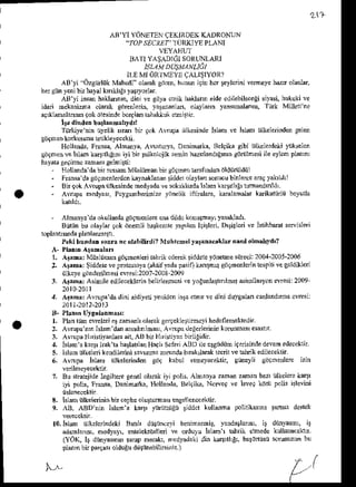 AB'Yi YONETEN
qEKiRDDK
KADRONIJN
"1OP.S'C1i'?''
'IIJRKIYEPLANI
VEYAHUl'
BATIYA$ADICI
SORLNLARI
I,.LAMDUS ,tNLtdt
ILEMi oRl MlYr qALI$tYoR?
AB'yi OzgtirliikNlabedi ola@k
ClJren,
blnu iginhd leylorinire@eyebdrr olanlar.
hergih yenit'ir latal k'nkl4' yailyodar.
AB yi iDe hakldDin,
dinive giiyactniklDkldn eldecdilebilecegi
siyasi.
hukuki
ve
idari mekanida otaial CdEDlerin,yarlranhd, olayladn yanualano 'rurk
Milleti ne
aq/.lmalannDtok diesinde
bo4id tahaklurexn1n.
lre dinilen
ba$annahyd!!
Tlrkiye'nin tiyelit Nrm bn q.k !rupa iilkesindelslah ve Islo lkelerinden
gelen
gngio lukls$r telik1eyeco1di,
I.lollanda,Fms4 Alndy4 Aa{ury4 Daniqdka, Belgik! sibi utkelddeli ).{ikselen
gdroe! ve islaD kdgifiFd ili bir psito)ojik zenin hazrtand*Din s6rmnesi ile eylcn pl&n1
haylta geaimc zdadr geliitti:
- Hollhnd!'da bn ressd Mnsliibd bn gdgrnh tarafhdan o1di1rii1dill
- Fresa dagdqnenleldcnLaynaklanan
riddelolaylan sonucubinlerceaiaqyakrlitrl
- Bir 94kAvrula iilkesindenedyada!e sokilarda lslab lnrrnllr nnandrnld,.
- A!rupa hedy61, Pcyganbe.inize r,6nelik ifthalara, klraladalar kdjkdllirlii boyulla
- Alnany? daokulLatdagdgde ee au. diLdcloNtstyr yasaHadl
Bi nn b! olaylarqokdnenli brrkcnlteyap,latiqlei, Drirlui ve lsdhbral seNisldi
$planlrrnda
pldnllmrill.
P€kibundarlonra ncolrbilirdi?Mrhicnelyarana.,klar n.s olhnlrydr?
A- Pl$n Alandarl
1, Atana: Miisltman Sdgnonlerirahik cdeEktiddeteyoletne siirccj: 2004-2005-2006
,. Atabai fiddete !e protcstoya(aktif ),edapasil) klfllnrr edgnenloih tesPii vegoldikLeri
iiltcyegbnderilnesi
eviesi:2007-200
8 2009
3. A!ah!: Asinile edilcceklerin
beliilerDcsive
yotdla$tr nrr Annilasyon
diesi:2009
20r
0201r
,r. AlNna: Avrula'da.liniaidiyeti
ye deni.ra che !e dini duygula!canlandlma
cws':
2At1-2012-2013
D- Pl.D'nUygtrknhasr
1. Uanltin eEleri et zabdh oldakgergekleilimcyi
hedeflenekcdn.
,. Avrupa'n'n hl.n ds anndnlnasl, AvrupadeEcrlerininloruMae esasnr
: 1 . c r ' ' ! a r n n r . d r . a r , r 'A B b . r P ' . , b ' r g ' J i .
4. lsl@'a kary lrak'taballatlanHaql'S.feriABD ileesgndijn
iteisindedevanedecd:tn.
5, lslln nllelei lendileini sallMr zorundabrhh rat t.crit ve tllnik edileceklir.
6. Avrula islab iilkelerioden gijq tabul elneyecekln, giineyl' sdghenlere iznr
7. Bu slrarejideIngilEre genelolarakit polis, Alnanra zamd zmin bazl tilkelorekesr
ili lolis, Fnns, Daninarka, tloiland!. Bc)gika.Nodea ve lsvet 16$ loln itlerini
lsbn nlke{€rilin bn Glhe o1'$rn,r engellenccdtft.
,B, ABDin hlan a ktrt r'lirliuijlti tiddcl tullatna poliiiliasna tansz d$lok
211
8.
9.
lo.isld {lkeleiindeki Batli dii$nceli beninseni!, yand.tlanDr,it diinlarm, it
adamladL, 6edyayL, edeLektd.ll€i ve ordutu lslah bnrik eib.de knllamuiil.
(YdK, k dtnrnsnD $a4p berakr, nedy.daki din kar$rll1El,ba$oniisiis.tuunun bu
plann bi! pargasoldqEudiilttr,ebililsiaiz )
,.{
M-
 