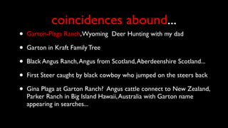 coincidences abound...
• Garton-Plaga Ranch,Wyoming Deer Hunting with my dad
• Garton in Kraft Family Tree
• Black Angus Ranch,Angus from Scotland,Aberdeenshire Scotland...
• First Steer caught by black cowboy who jumped on the steers back
• Gina Plaga at Garton Ranch? Angus cattle connect to New Zealand,
Parker Ranch in Big Island Hawaii,Australia with Garton name
appearing in searches...
 