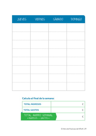 El libro de finanzas de KRUK | 9
JUEVES VIERNES SÁBADO DOMINGO
TOTAL INGRESOS €
TOTAL GASTOS €
€
Calcula al final de la semana:
TOTAL AHORRO SEMANAL
• INGRESOS — GASTOS •
 