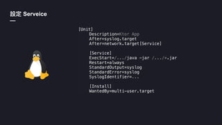 Serveice
—
[Unit]
Description=Ktor App
After=syslog.target
After=network.target[Service]
[Service]
ExecStart=/.../java -jar /.../*.jar
Restart=always
StandardOutput=syslog
StandardError=syslog
SyslogIdentifier=...
[Install]
WantedBy=multi-user.target
 